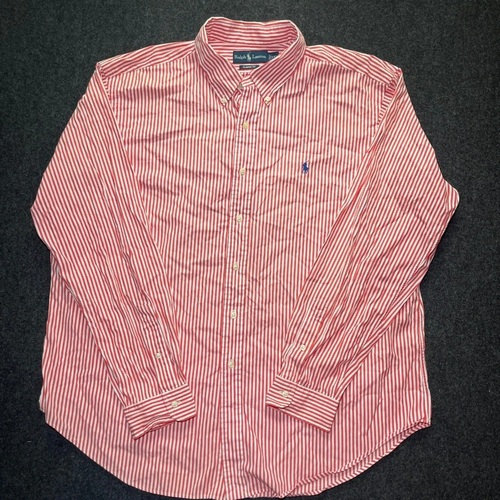 Ralph Lauren Button Down Mens XXL Red White Classic Fit Striped Pony
